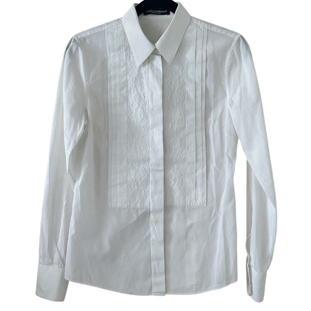 Dolce & Gabbana White Stretch Poplin Tuxedo Shirt IT 38 US 2 Lace Pleat Bib